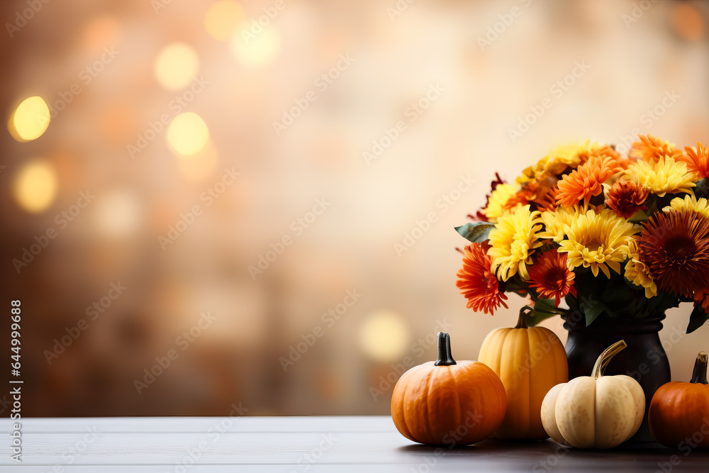 Poster a beautifully set dining table with fall decorations background with empty space for text