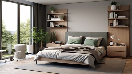 Photo scandinavian interior of bedroom concept design have cabinet and wood shelve on share house or boarding house.