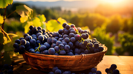 A basket filled with freshly harvested grapes capturing the essence of a bountiful wine season 