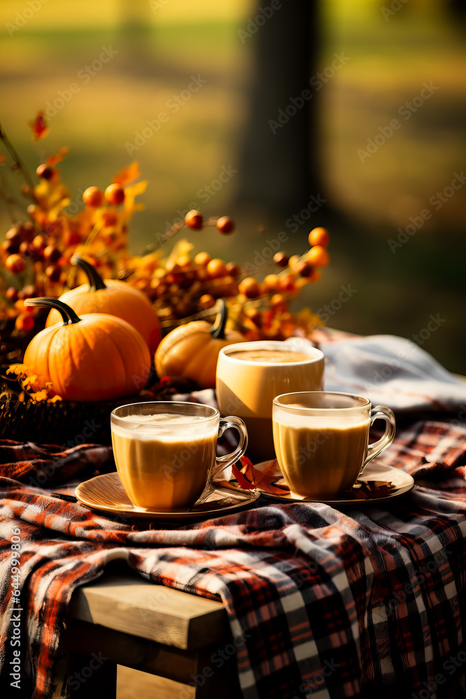 Poster a cozy fall picnic setup with plaid blankets pumpkins and coffee cups background with empty space fo