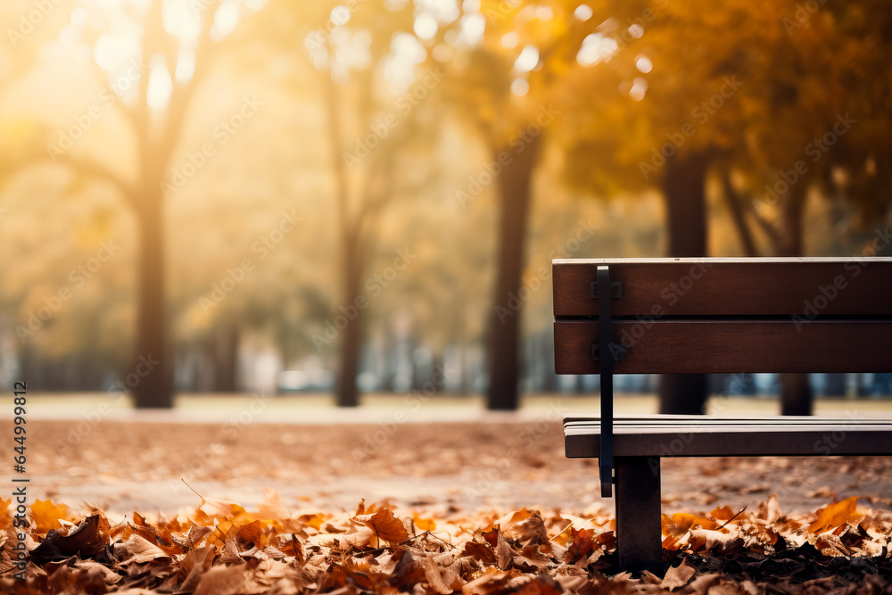 Aufkleber a cozy park scene with fallen leaves and a rustic bench background with empty space for text