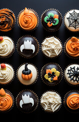 Halloween cupcakes on a black background, top view, close-up