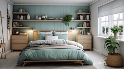 Photo scandinavian interior of bedroom concept design have cabinet and wood shelve on share house or boarding house.