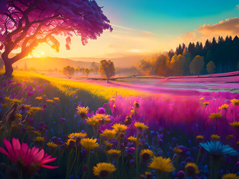 Colorful spring sunrise on a meadow, pink spring background, generative ai