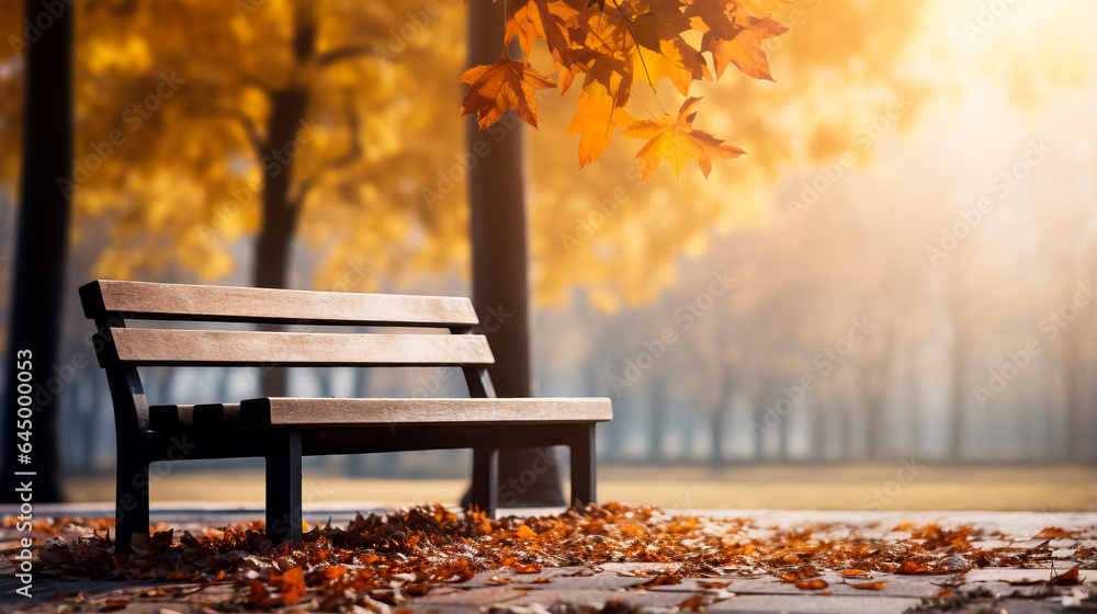 Aufkleber a cozy park scene with fallen leaves and a rustic bench background with empty space for text