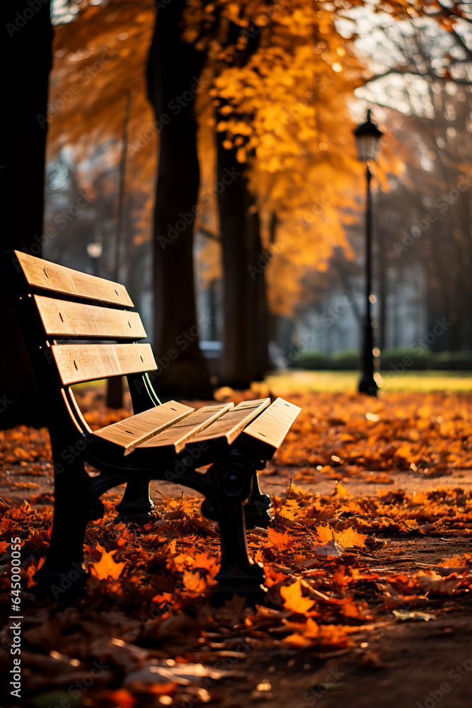 Aufkleber a cozy park scene with fallen leaves and a rustic bench background with empty space for text