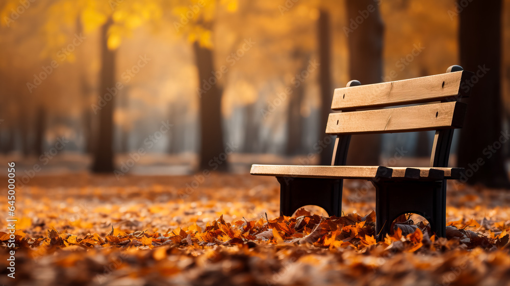 Aufkleber a cozy park scene with fallen leaves and a rustic bench background with empty space for text