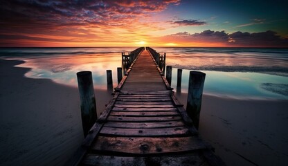 beautiful sunset at the wooden jetty at the beach