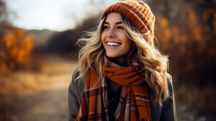 A cozy plaid scarf wrapped around a smiling model capturing the warmth and style of fall fashion 