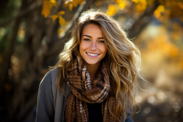 A cozy plaid scarf wrapped around a smiling model capturing the warmth and style of fall fashion 