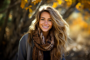 Fototapeta premium A cozy plaid scarf wrapped around a smiling model capturing the warmth and style of fall fashion 