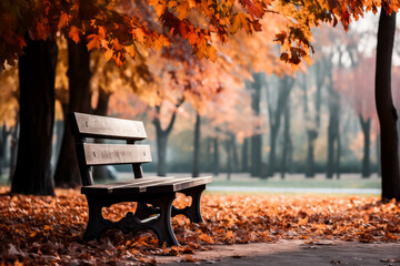 A cozy park scene with fallen leaves and a rustic bench background with empty space for text 