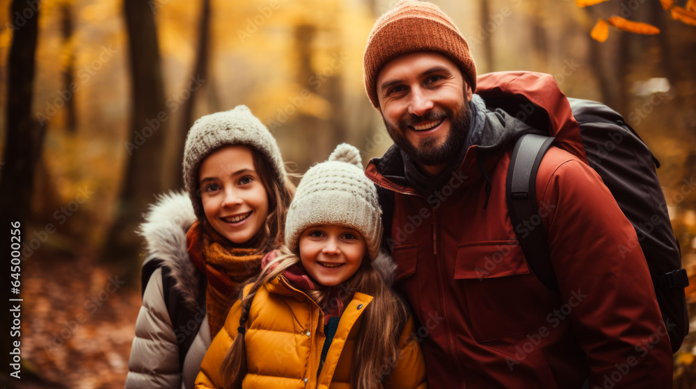 Poster a happy family enjoys a hike through colorful autumn leaves background with empty space for text