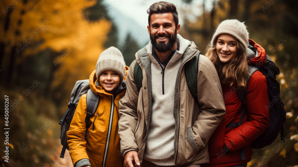 Poster a happy family enjoys a hike through colorful autumn leaves background with empty space for text