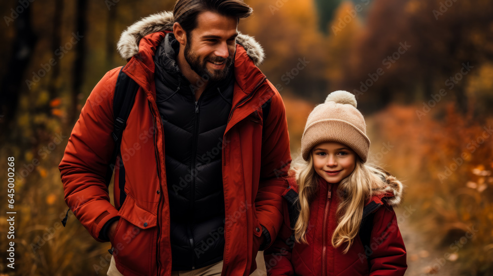 Poster a happy family enjoys a hike through colorful autumn leaves background with empty space for text