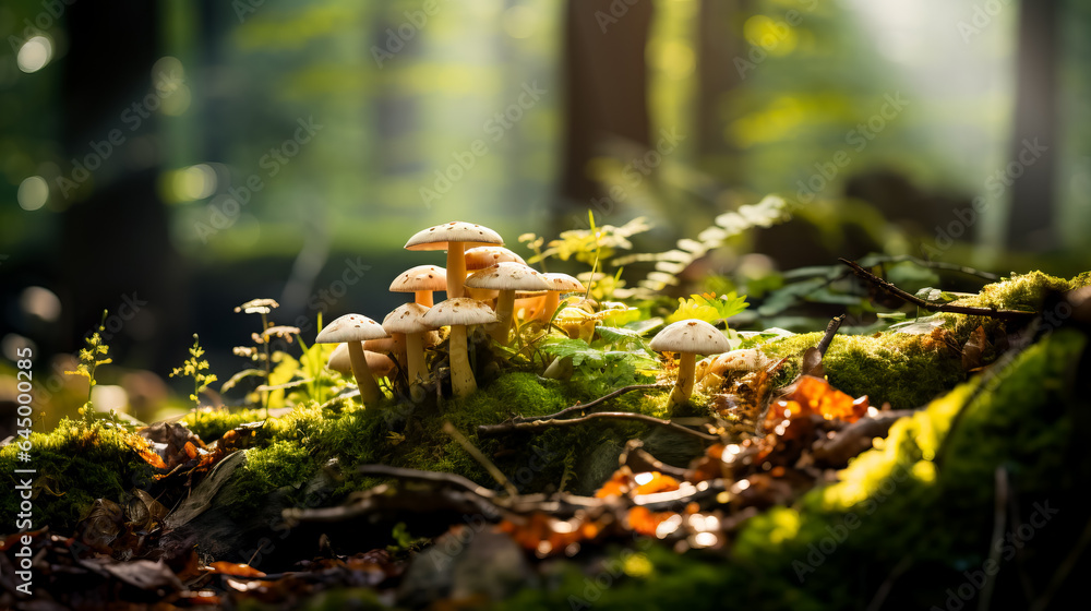 Aufkleber a magical scene in the woods with a cluster of wild mushrooms dappled sunlight and a background with