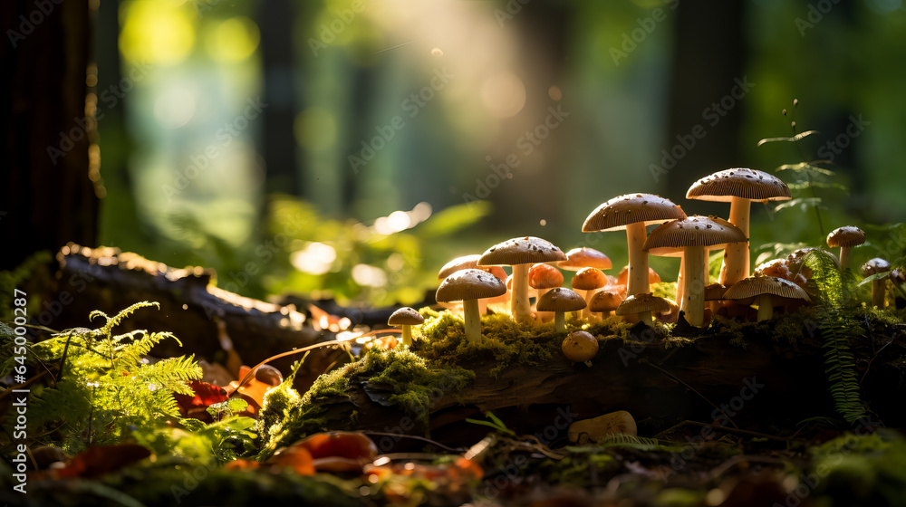 Aufkleber a magical scene in the woods with a cluster of wild mushrooms dappled sunlight and a background with