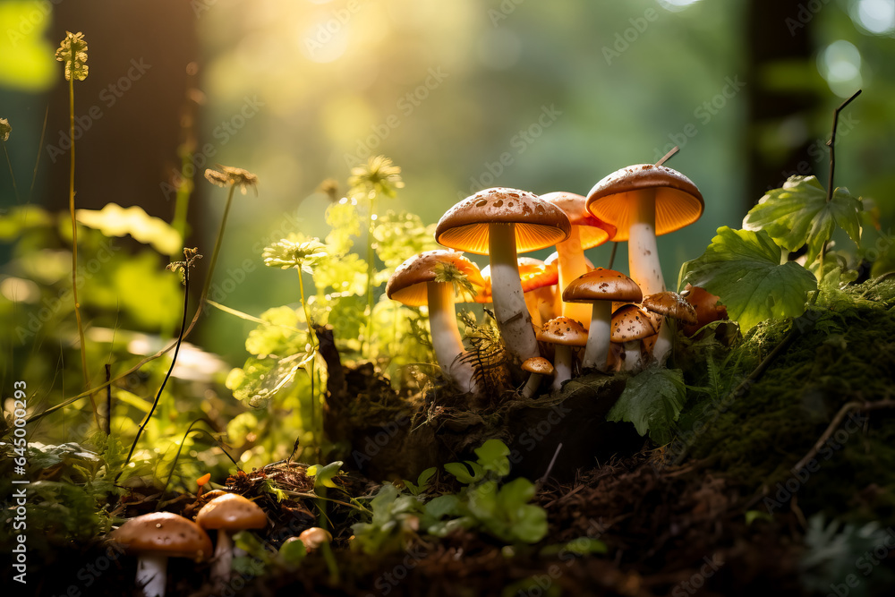 Aufkleber a magical scene in the woods with a cluster of wild mushrooms dappled sunlight and a background with