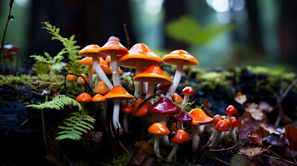 A group of wild mushrooms a treasure trove in the forest captivating with their vibrant colors and unique shapes  - obrazy, fototapety, plakaty