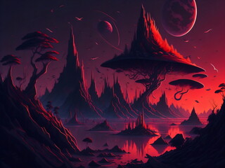 Fantasy world red gradient sunset, floating islands, space view comets, jungles, birds