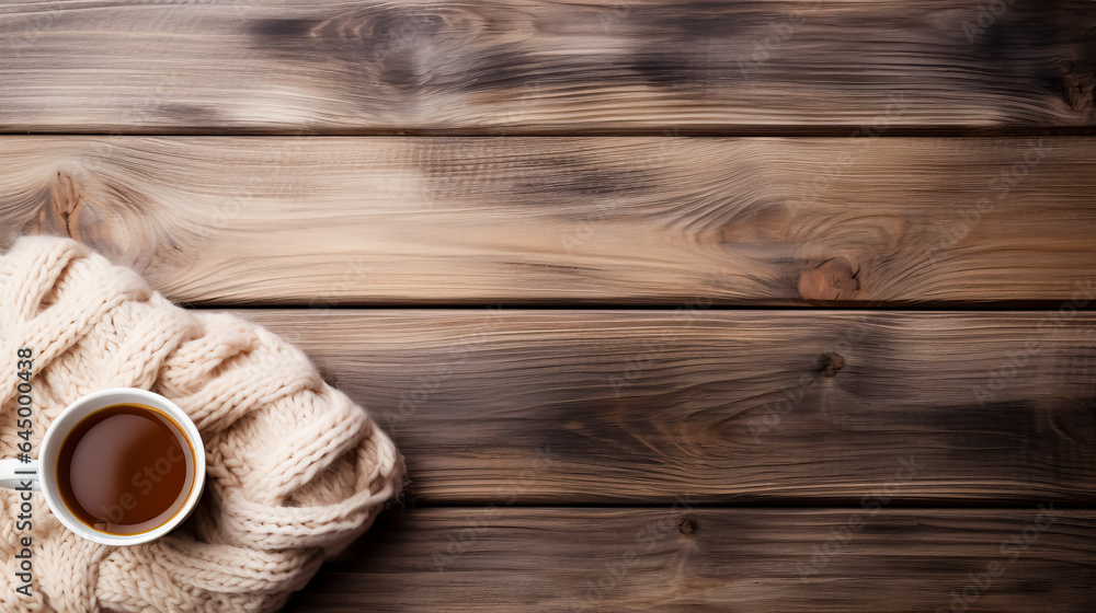 Aufkleber A rustic wooden table adorned with vintage knitted sweaters and cozy mugs background with empty space for text 