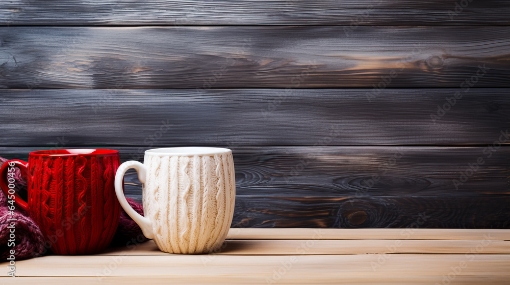 Aufkleber A rustic wooden table adorned with vintage knitted sweaters and cozy mugs background with empty space for text 