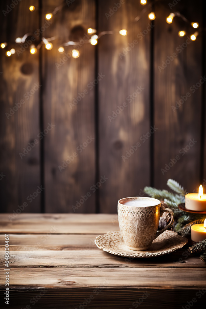 Aufkleber a rustic wooden table adorned with vintage knitted sweaters and mugs of steaming cocoa background wi