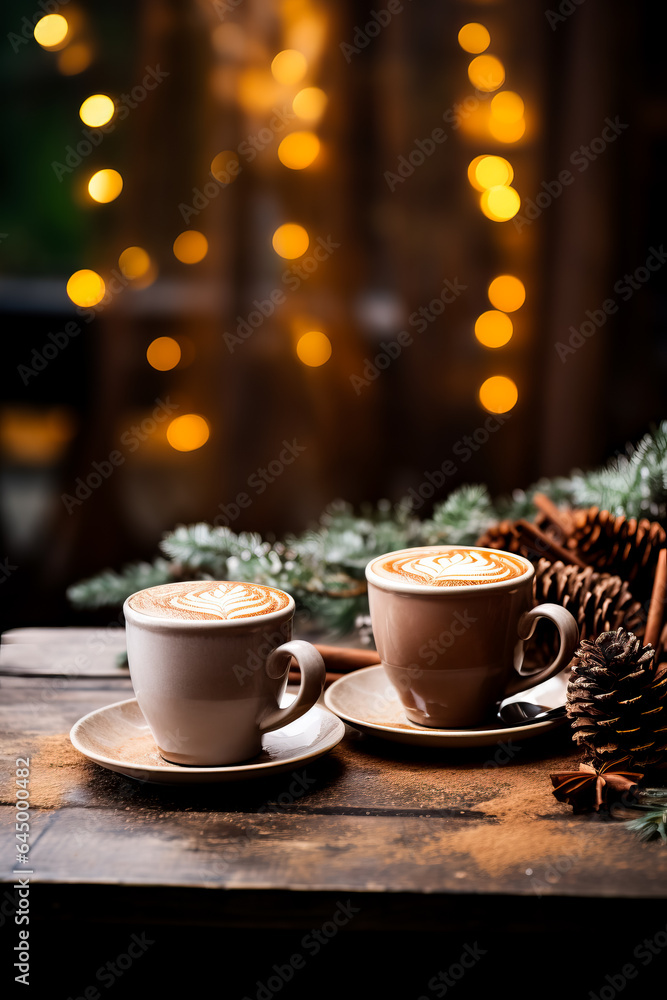 Aufkleber a rustic wooden table adorned with vintage knitted sweaters and mugs of steaming cocoa background wi