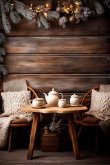 A rustic wooden table adorned with vintage knitted sweaters and mugs of steaming cocoa background with empty space for text 