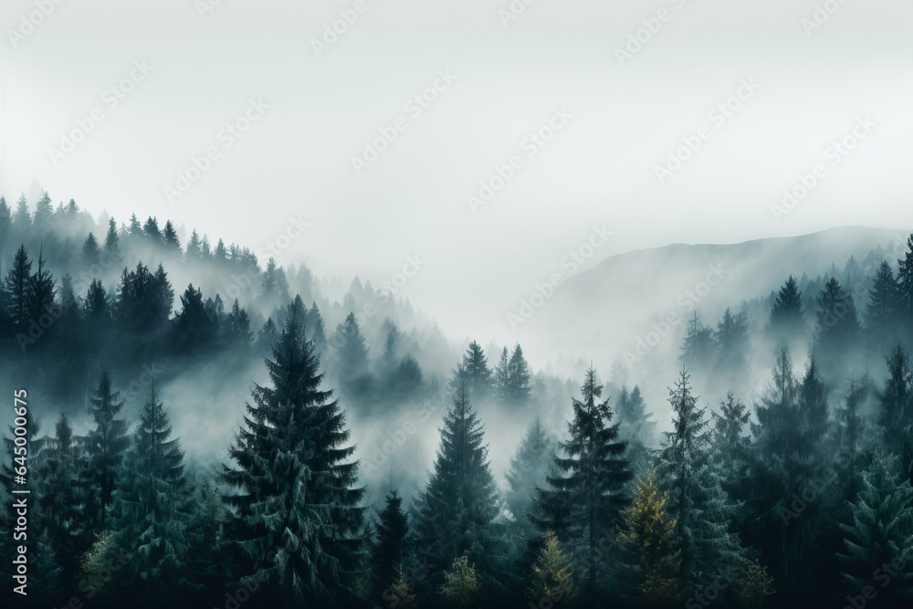 Aufkleber a serene mist-engulfed forest in november background with empty space for text