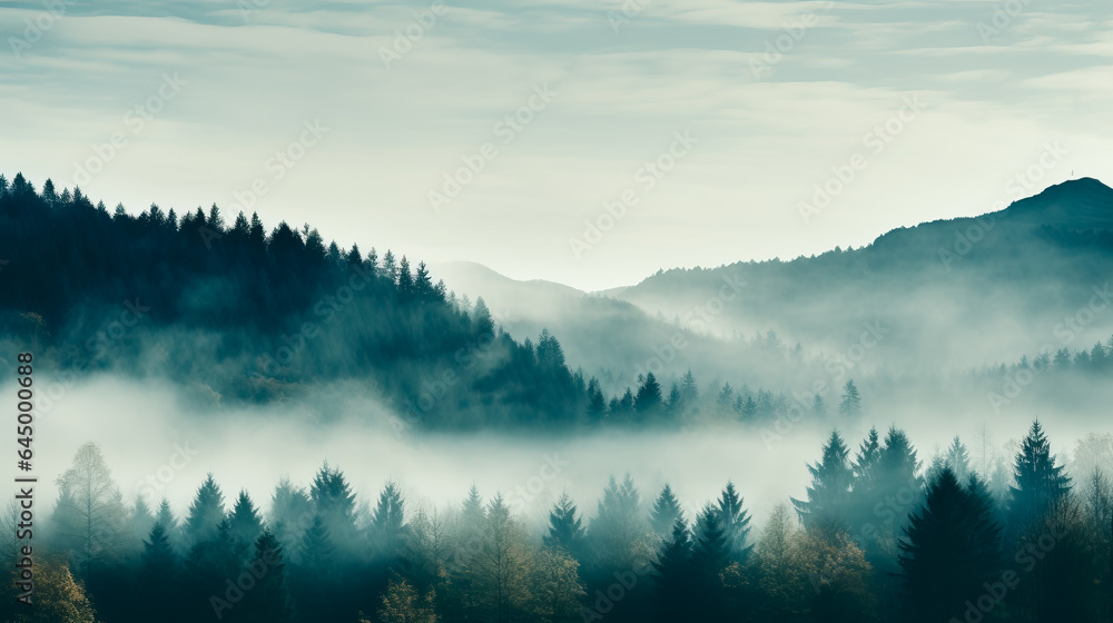 Poster a serene mist-engulfed forest in november background with empty space for text