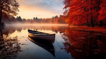 A serene lake nestled in the misty embrace of autumns warm colors capturing the essence of Novembers tranquility 