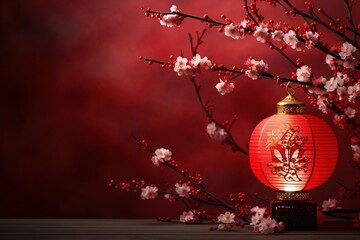 Lunar New Year lantern standing on a wooden floor near a flowering tree.