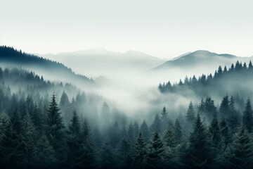 Fototapeta premium A serene mist-engulfed forest in November background with empty space for text 
