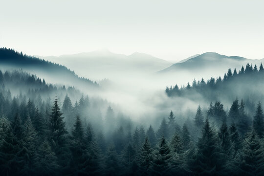 A serene mist-engulfed forest in November background with empty space for text © fotogurmespb