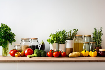A well-organized kitchen counter filled with fresh ingredients and cooking utensils background with empty space for text 
