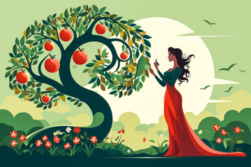 Charming flat design of Eve in a vibrant paradise, holding an apple with a friendly serpent wrapped around a tree, conveying innocence and the allure of storytelling.