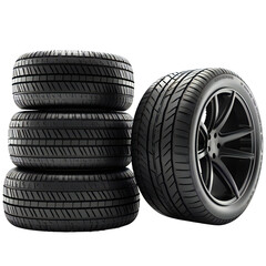 Set of four new car wheels with new tires isolated on transparent
