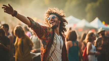young guy man happy dancing and enjoy music festival concert - obrazy, fototapety, plakaty
