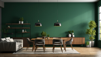 Modern interior design of apartment, dining room, empty living room with dark green wall. Generative AI