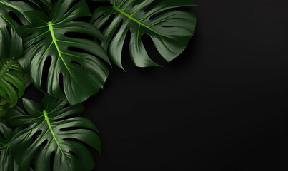 A captivating array of monstera leaves set against a black background. Created by AI