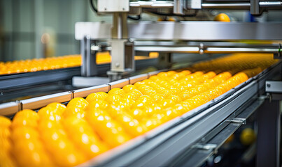 Vibrant oranges on a conveyor belt in a factory. Created by AI tools