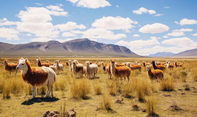 Fototapeta premium Group of llamas grace the vast Bolivian desert. Created with generative AI tools