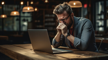 Stressed tired man suffering from headache in front of computer. Worried male entrepreneur thinking about problems and project deadline feeling exhausted. Generative AI