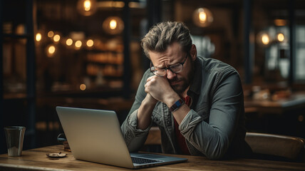 Stressed tired man suffering from headache in front of computer. Worried male entrepreneur thinking about problems and project deadline feeling exhausted. Generative AI
