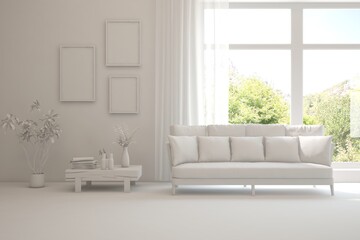 Grey living room concept with sofa and summer landscape in window. Scandinavian interior design. 3D illustration