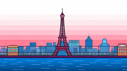 Charming flat design of the iconic Eiffel Tower against a pastel sky with minimalist Parisian elements. Highly evocative, perfect for tourism, travel or architecture content.