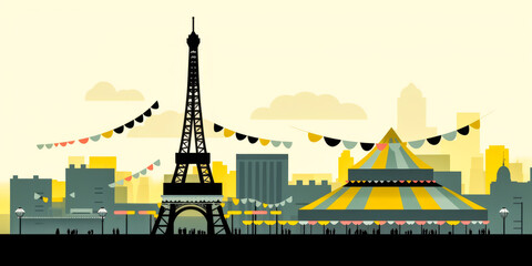 Enchanting Eiffel Tower in flat design, set against a winsome pastel sky with the Seine River and charming Parisian cafes. Iconic, minimalistic, and romantic.