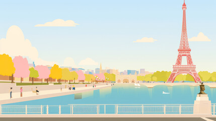 Charming flat design of Eiffel Tower, Parisian cafes and Seine River, set against a pastel sky, imparting naive simplicity & romantic minimalism.