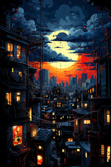 Obraz premium Generative AI illustration of Big city with night lighting in painterly